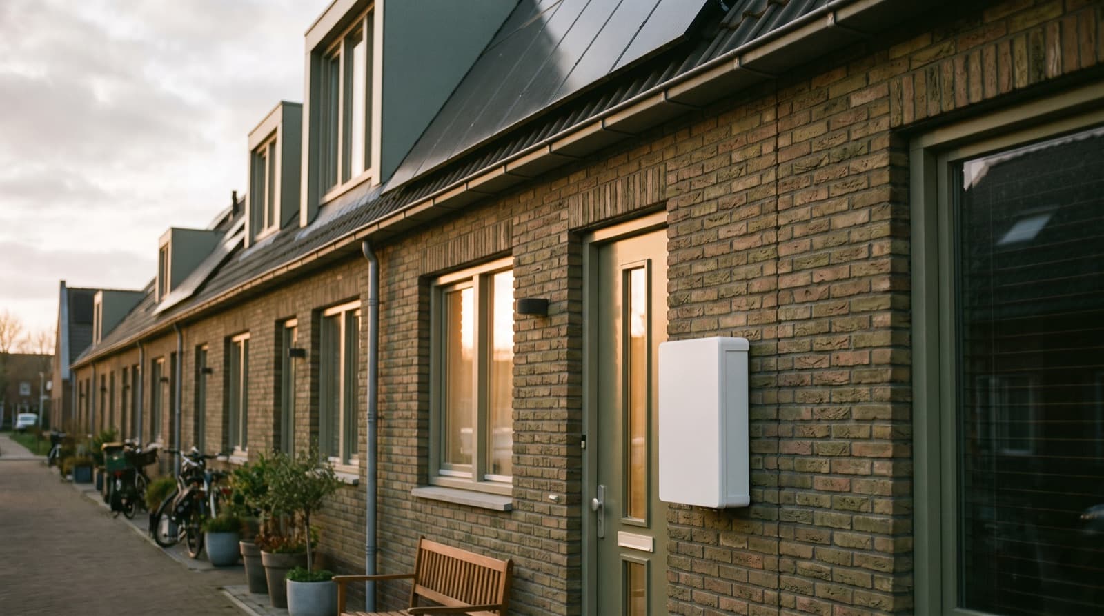 Rijtjeshuis met zonnepanelen en thuisbatterij bij zonsondergang