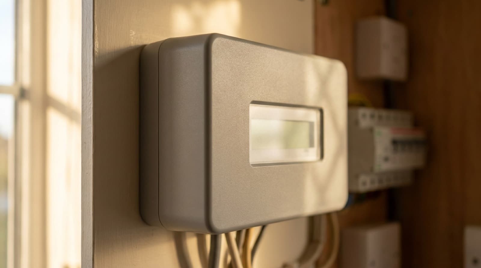 Detail van een slimme meter in een meterkast, warm avondlicht