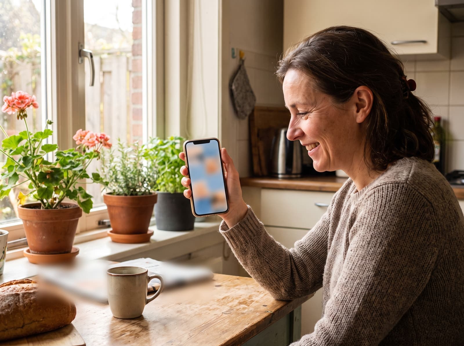 Iemand berekent thuis zijn energieverbruik op de telefoon